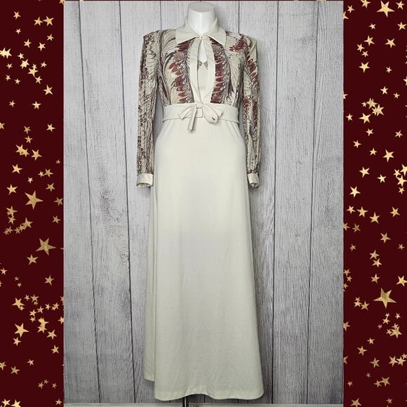 VTG 60s 70s Two Piece Earth Tone Marbled & Cream Maxi Dress & Jacket - Picture 1 of 9